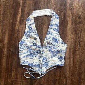 Cider Toile De Jouy Halter Tank Top with Front Lace Tie  XS